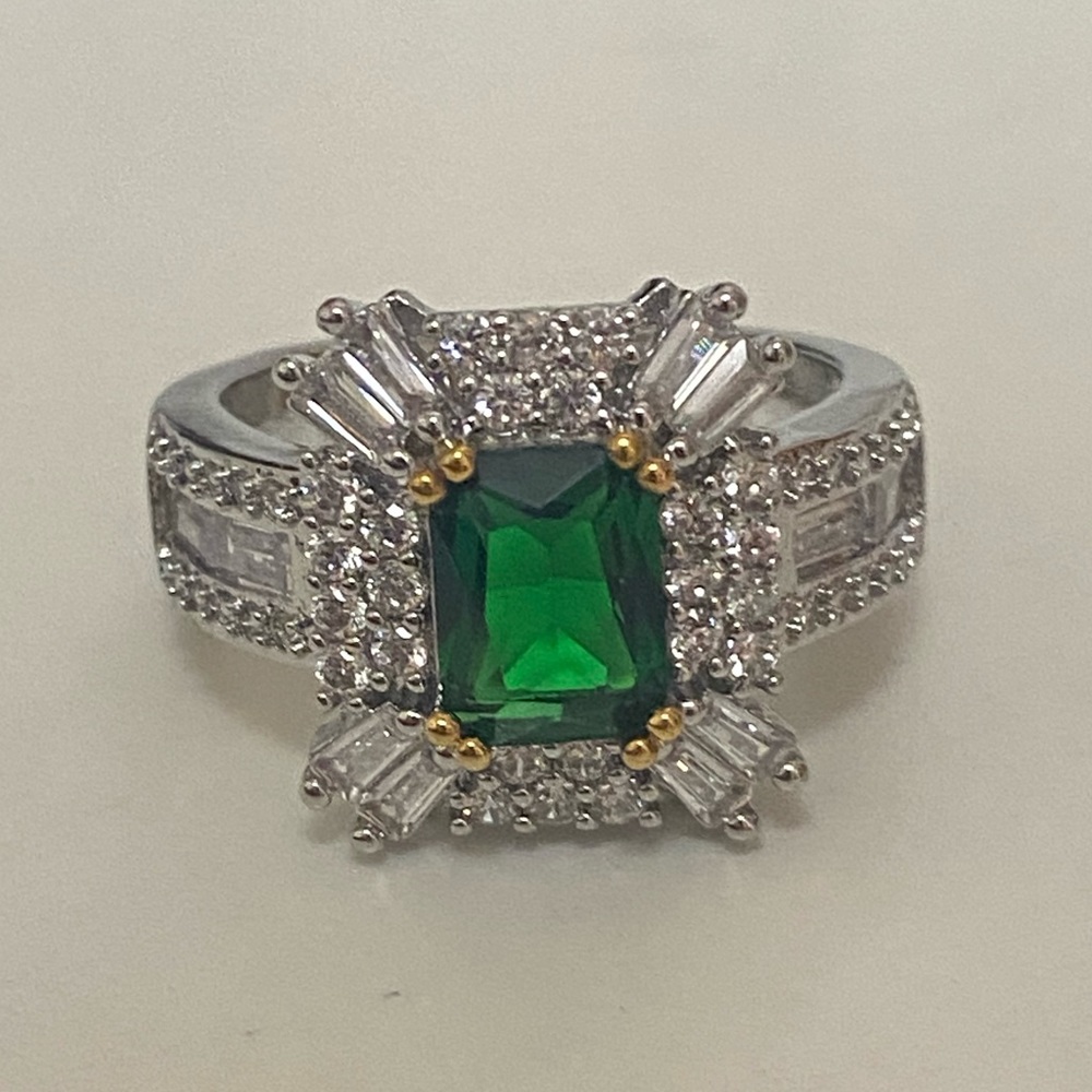 Lab Made Emerald & Lab Made Diamond White Gold Filled